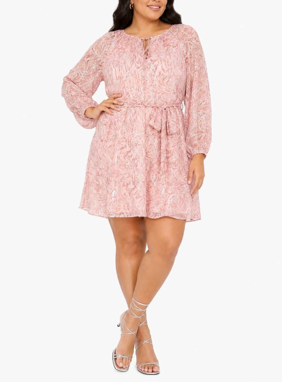 Parker Cameo Rose Tie Waist Mini Dress XL 16-18 Metallic Pink Floral NWT